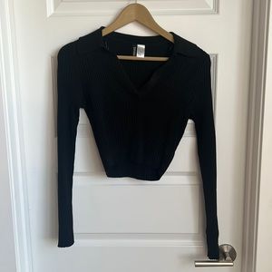 Small, black, v-neck, collared, cropped sweater